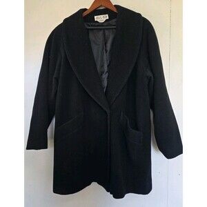 VTG Julian Klein Coat Womens 16 Black 100% Wool Faux Fur Old Money Winter Classy